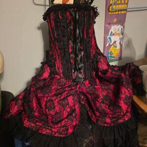 Red & Black Corset Dress with hi-low lace skirt - Top Drawer by Daisy Corsets